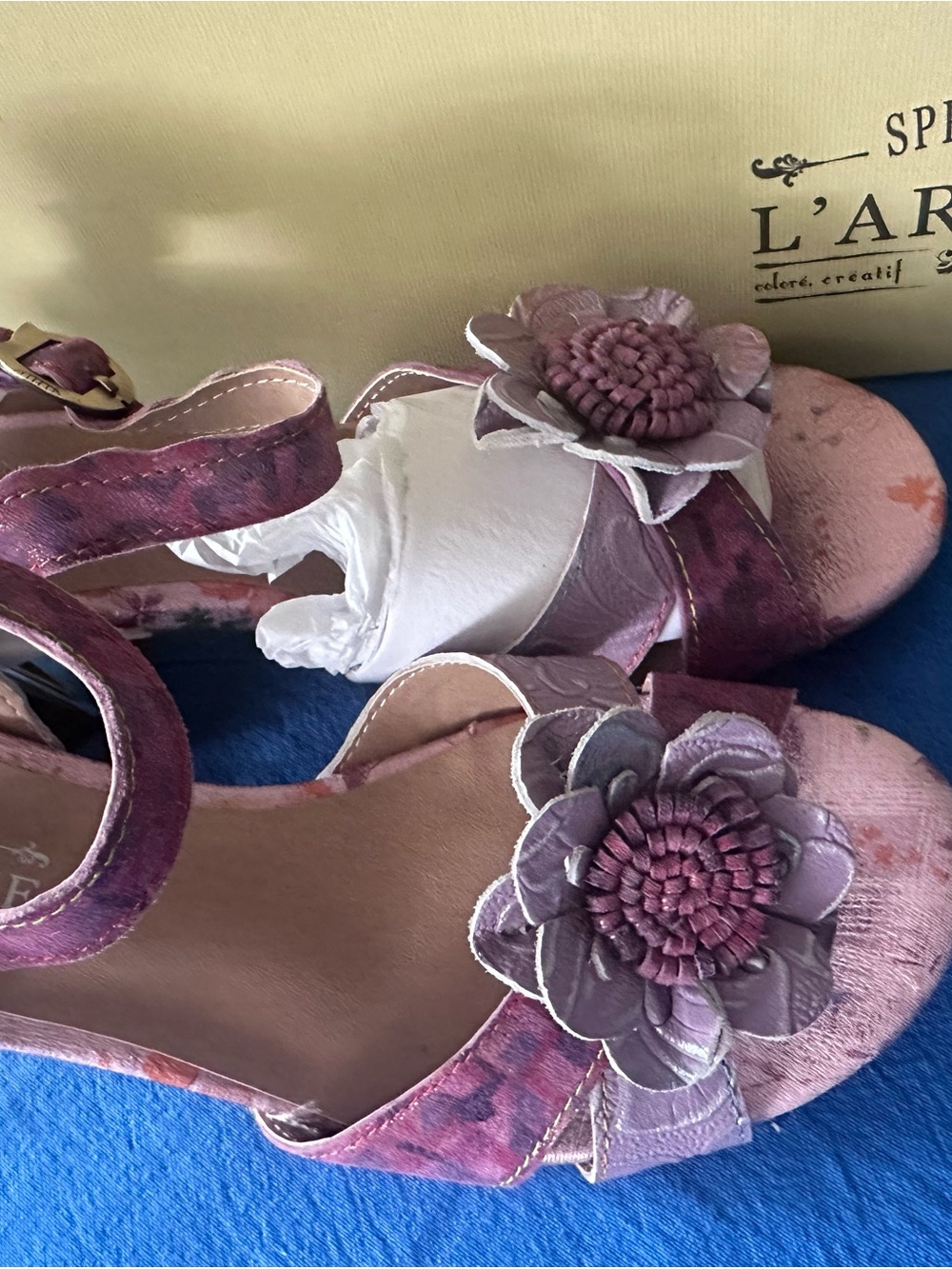 L'Artiste Pink Multi Floral Block Heel Sandals with Ankle Strap - Picture 3 of 4